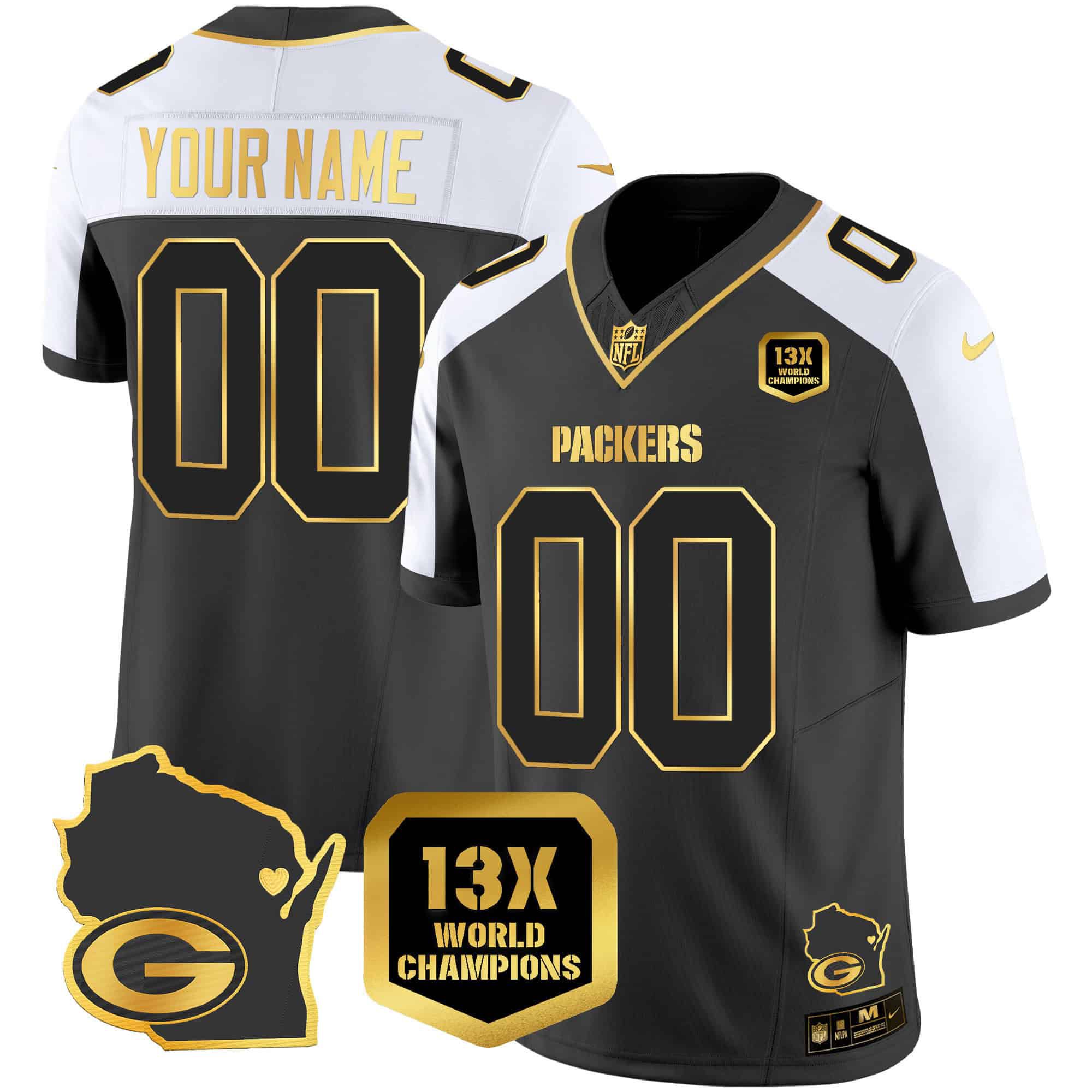 Men Green Bay Packers Black Gold 2024 Nike World Champions Home Patch Vapor Custom NFL Jersey->customized nfl jersey->Custom Jersey